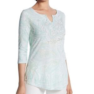 Chicos 3/4 Sleeve Shirt Paisley V-Neck Beaded Green Blue Large or 2 Embellished